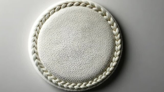 A close-up of a white, round, textured surface with a braided rope border