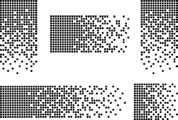 Pixel disintegration icons Set. Decay effect. Dispersed dotted pattern. Concept of disintegration. Mosaic texture with simple square particles. Vectors illustration isolated on transparent background.