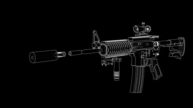 Animation of disassembling a military assault rifle. Wire-frame style