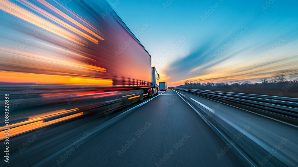 Aufkleber trucks racing on a highway at dusk, producing a blurred effect that highlights their swift pace