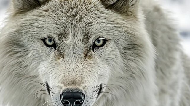 A close-up of a white wolf looking directly at the camera