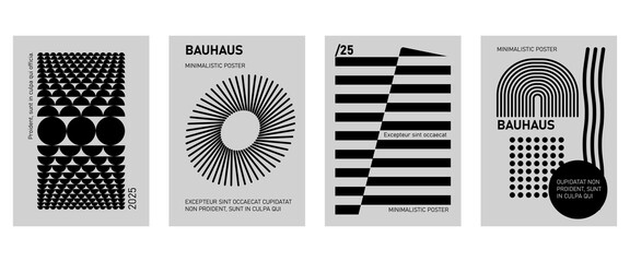 Posters with silhouette minimalistic basic figures, extraordinary graphic assets of geometrical shapes.  Trendy bauhaus pattern backgrounds.
