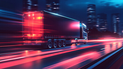Motion blurred generic truck speeding on a nighttime highway, transporting goods to a nearby city
