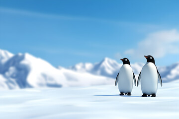 Obraz premium A tranquil scene of a family of penguins waddling on the ice, showcasing their playful nature. Penguins enjoying a day on the ice.