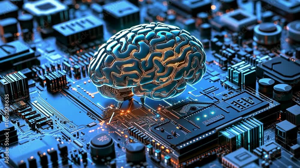 Poster a 3d rendering of a human brain on a circuit board, representing artificial intelligence