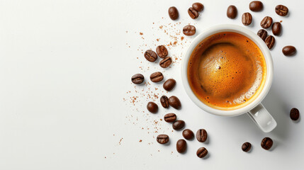Small espresso cup with coffee beans isolated on white background