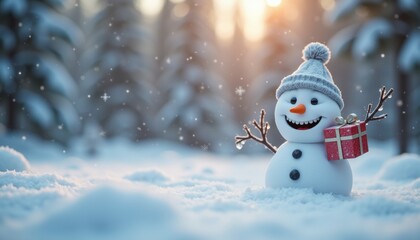 Fototapeta premium Happy snowman holding a gift in a snowy forest with soft sunlight and falling snow