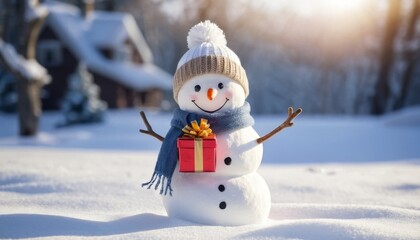 Obraz premium Cute snowman holding a gift in the snow with a cozy house in the background