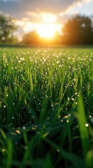 Obraz premium Morning Sunlit Grass, Lush blades glistening in dawn light, vibrant hues, ideal for advertising visuals, captivating clarity and detail