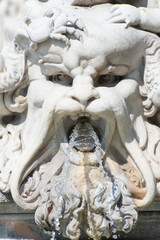 Fontana del Moro (Moor Fountain) in Piazza Navona, Rome, Italy. The fountain was originally designed by Giacomo della Porta in 1575 with the dolphin and four Tritons.