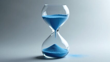Glass hourglass, blue sand, gradient background