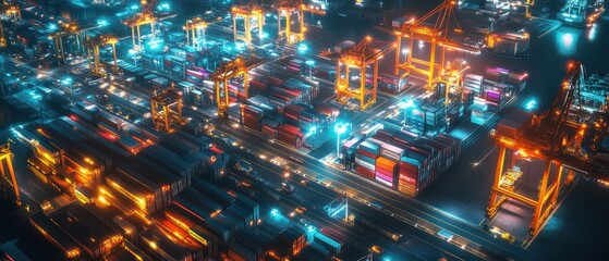 Obraz premium Night scene of a city s transport network, trucks, trains, and ships interconnected, urban logistics, seamless multimodal transport