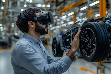 A focused engineer wearing VR headset examines car model in modern factory, showcasing integration of technology in automotive design