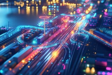 Multimodal hub with rail, road, and sea connections visualized in neon colors, logistics visualization, technologydriven transport