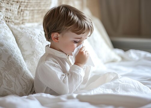 A little boy is ill and has the audacity to sneeze into his handkerchief while sitting in bed, holding it up with both hands