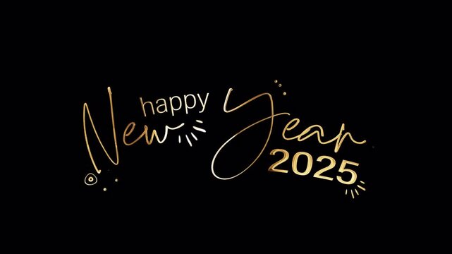 Happy new year 2025 golden shine light text animation cinematic title on black abstract background. New year themed background for celebrate event, winter Christmas.isolate QuickTime Alpha Channel444