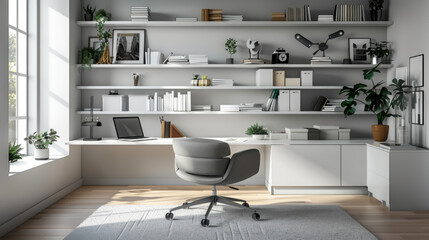 Contemporary open space office with computer, shelf with documents