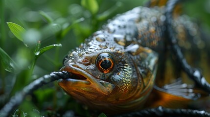 Close-up of Caught Perch Fish on Fishing Line, Surrounded by Green Grass, Selective Focus.