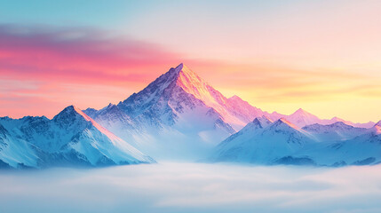Landscape background wallpaper Majestic mountain range at sunrise with warm light illuminating peaks. serene landscape features snow covered mountains surrounded by soft clouds