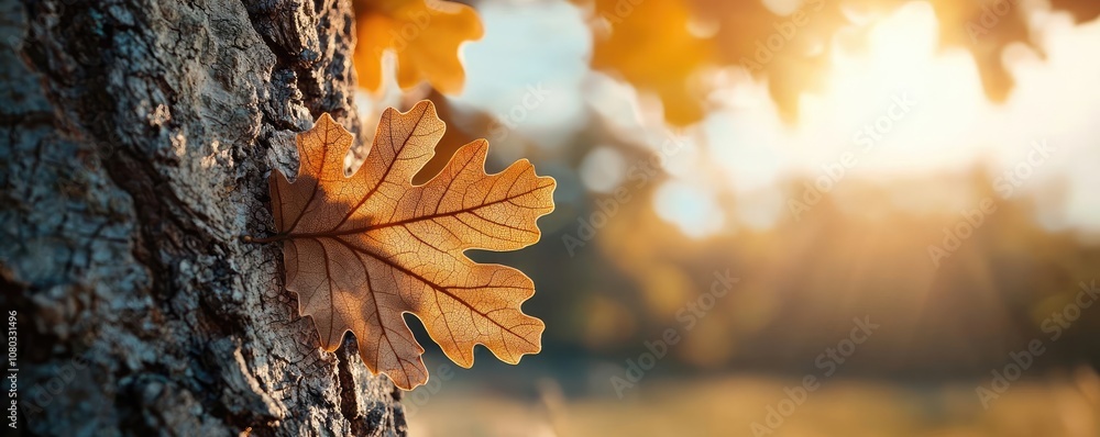 Poster close-up of autumn leaves on tree bark with sunlight in the background.
