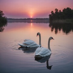Fototapeta premium A pair of swans gracefully gliding on a serene lake at sunset, with a reflection of a purple-pink sky on the water.