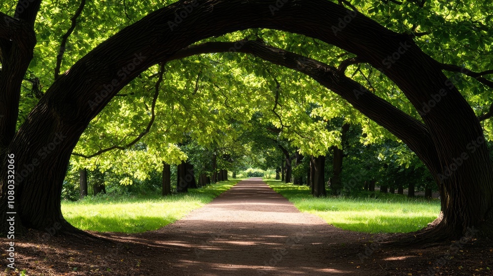 Poster pathway framed by lush green trees creating a natural archway.