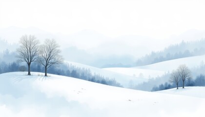 Snowy landscape with soft tones and peaceful mood featuring bare trees