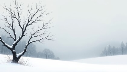 Fototapeta premium Snowy landscape with minimalistic design and melancholic mood featuring a lone tree