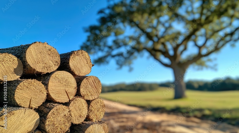Aufkleber stacked tree logs in a scenic landscape with a large tree under a clear blue sky.