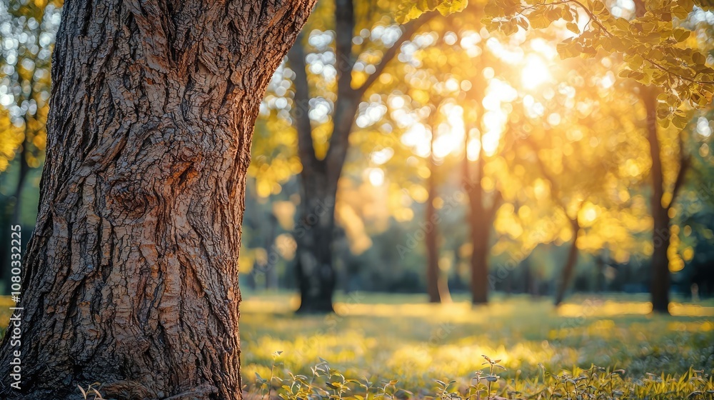 Poster tree trunk in sunlight, surrounded by forest during autumn, soft focus background