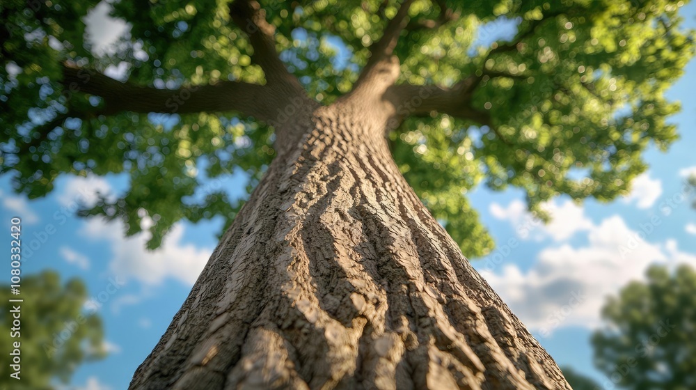 Poster close-up view of a tree trunk, showcasing bark texture and green leaves above.