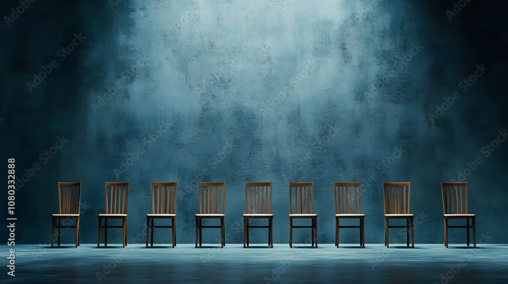 Poster a row of wooden chairs sits against a textured blue wall, illuminated by soft light, creating a calm
