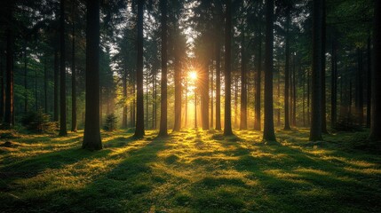 Obraz premium Serene forest scene with sunlight filtering through tall trees.