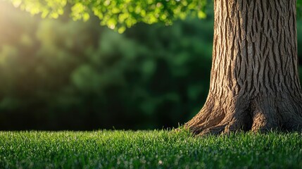 Tree trunk on green grass, sunlight shining through leaves, nature background.