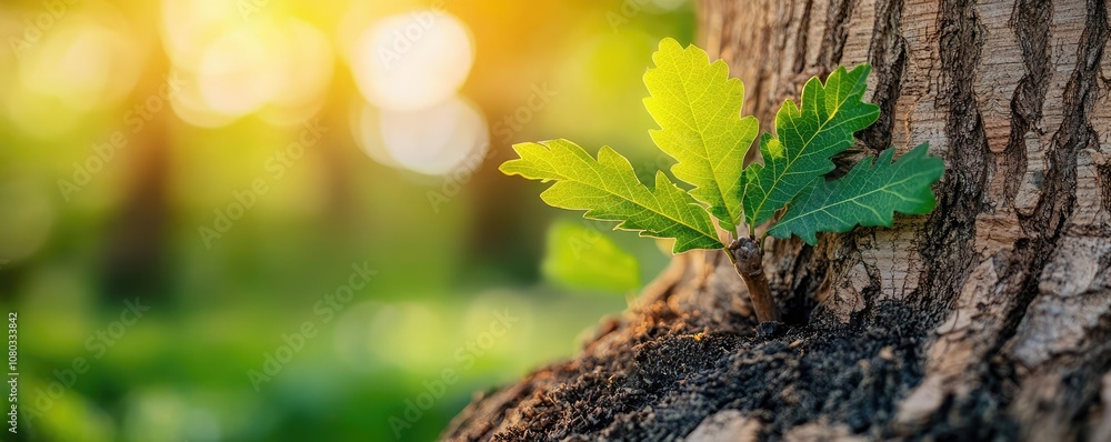 Poster close-up of a green leaf emerging from a tree trunk in sunlight.