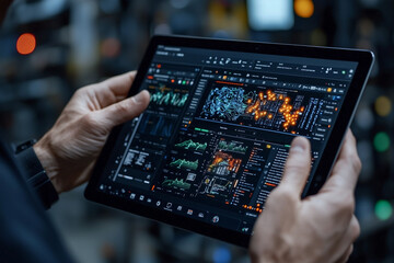 Obraz premium Data analysis and visualization on tablet screen, showcasing intricate graphs and metrics. user engages with advanced technology, reflecting modern approach to inventory management