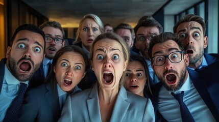 A Group of Shocked Office Workers Express Surprise and Disbelief in an Intense Meeting at a Modern Corporate Office During the Afternoon