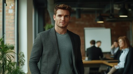 Fototapeta premium A Confident Man Stands in a Modern Office Environment While Colleagues Collaborate at a Meeting Table in a Well-Lit Workspace