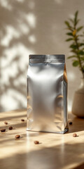 A coffee concept prepared for mockup, with a silver coffee package on a light wooden table