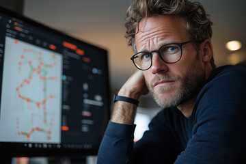 logistics manager is focused on augmented reality technology, analyzing data on computer screen. environment reflects modern workspace, emphasizing innovation and efficiency