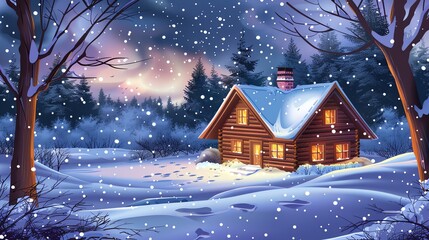 Fototapeta premium A cartoon illustration of a cozy cabin in a snowy forest at night, with a full moon and a starry sky.