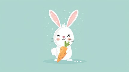 Fototapeta premium A cartoon bunny rabbit holding a carrot, on a blue background.