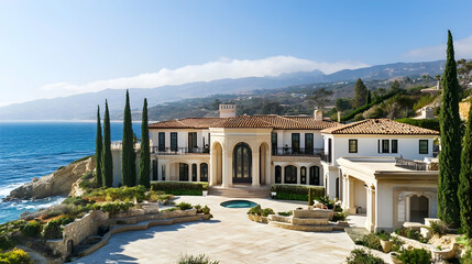 Carmel-by-the-Sea Mediterranean villa with dramatic Pacific cliffs and cypress grove, California coastal estate