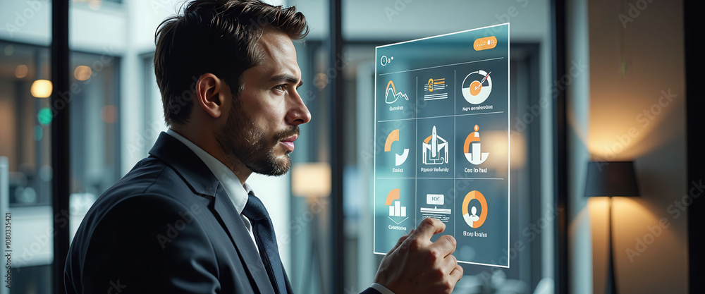 Poster a man in a suit is looking at a computer screen with a projection of a city skyline. concept of mode