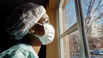 Healthcare Worker Gazes Thoughtfully out the Window During a Break, Reflecting on the Day\'s Challenges and Experiences in a Busy Hospital Setting