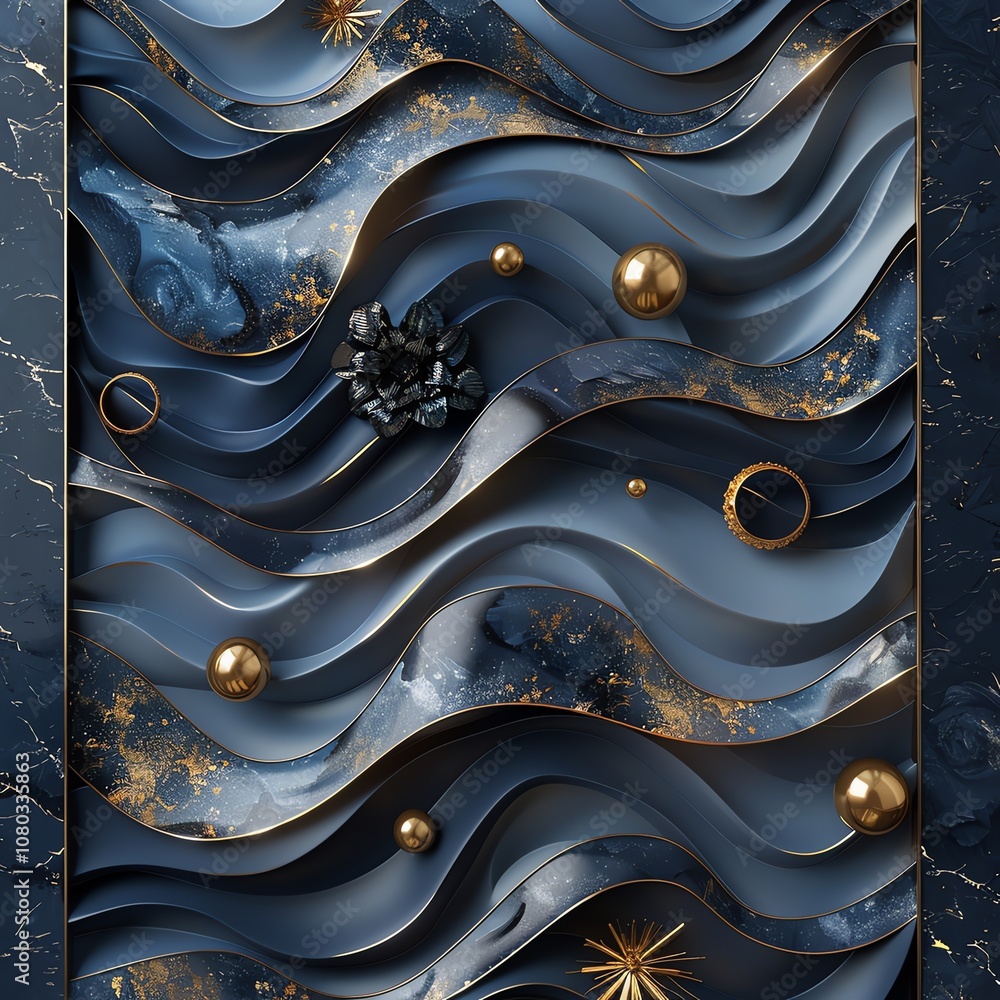 Canvas Prints abstract blue and gold wavy background with 3d spheres and geometric shapes.