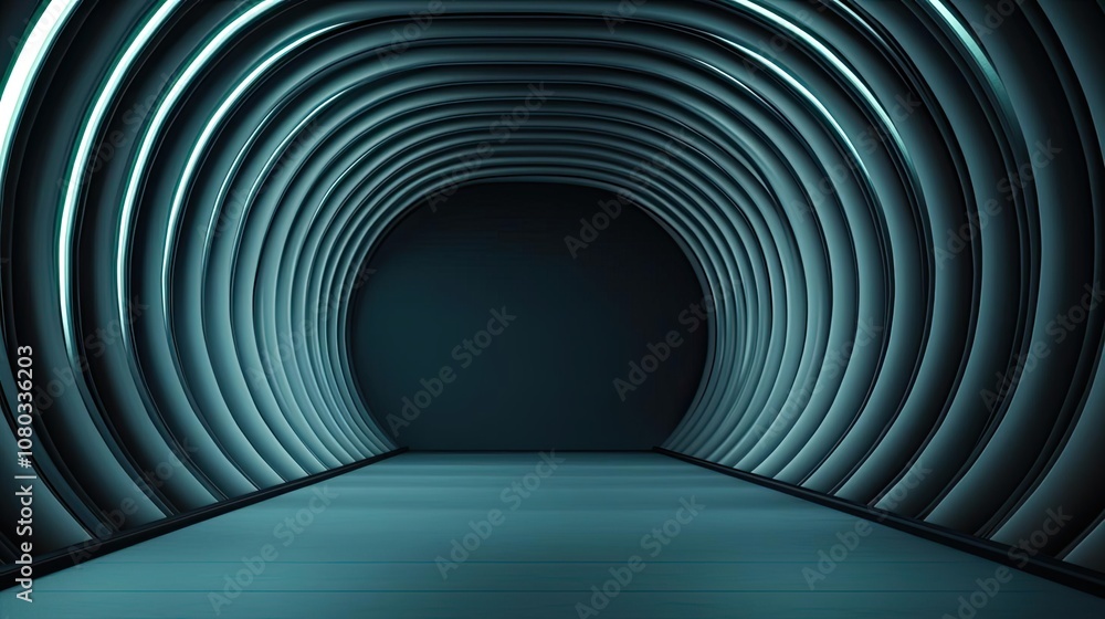 Poster futuristic tunnel with glowing curves and dark background, minimalistic design.