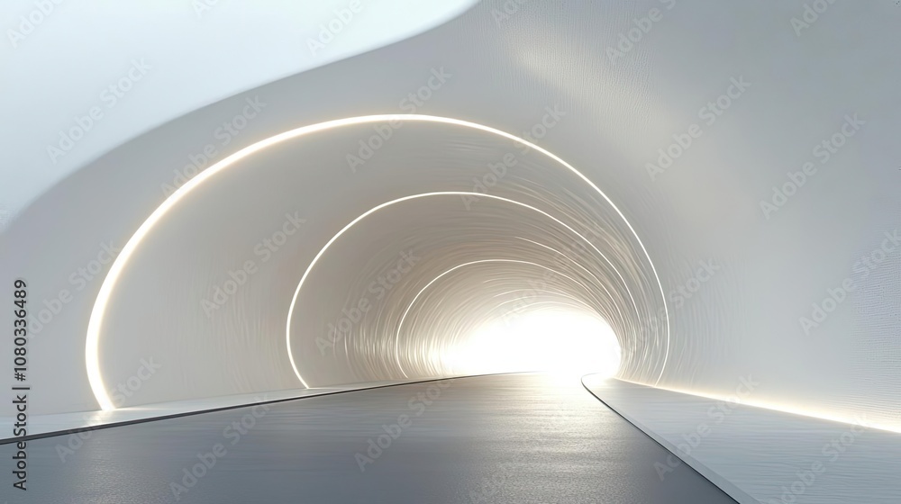 Poster futuristic tunnel with soft lighting leading to a bright exit.