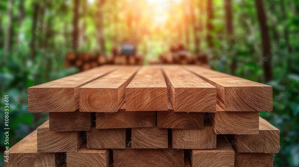 Poster Stacked wooden planks with a forest background and soft sunlight filtering through trees.