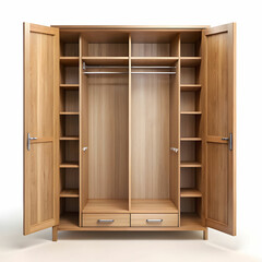Empty open wooden wardrobe isolated on the white background 3d illustration